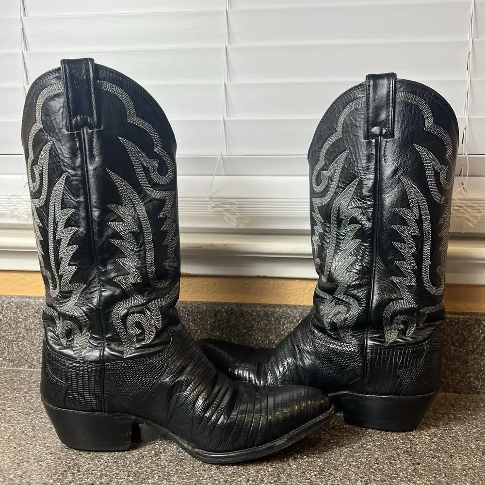 Justin 8311 Vintage Black Lizard Skin Western Cowboy Boots Men's Size 9.5 D USA